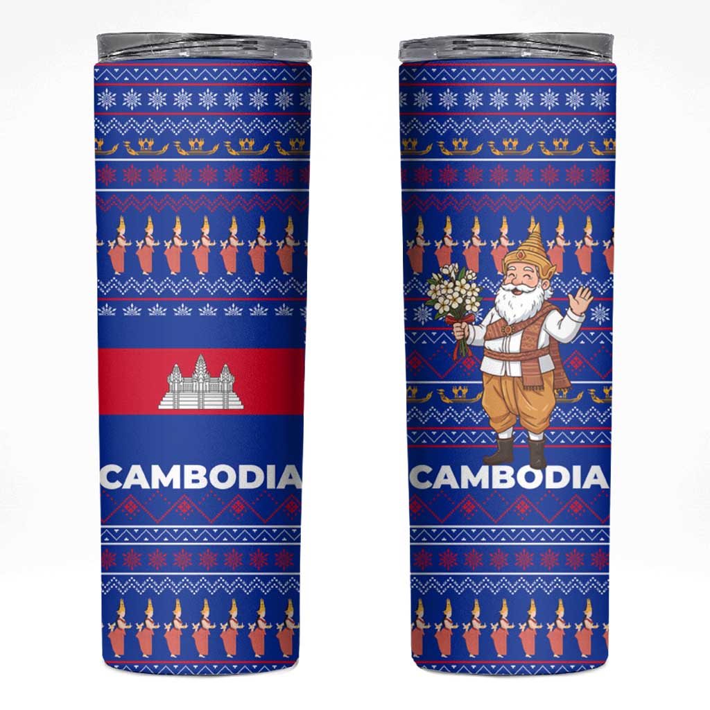 Cambodia Christmas Skinny Tumbler with Santa in Traditional Outfit Elephant Dancers and Snowflake Pattern - Wonder Print Shop