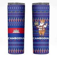 Cambodia Christmas Skinny Tumbler with Santa in Traditional Outfit Elephant Dancers and Snowflake Pattern - Wonder Print Shop