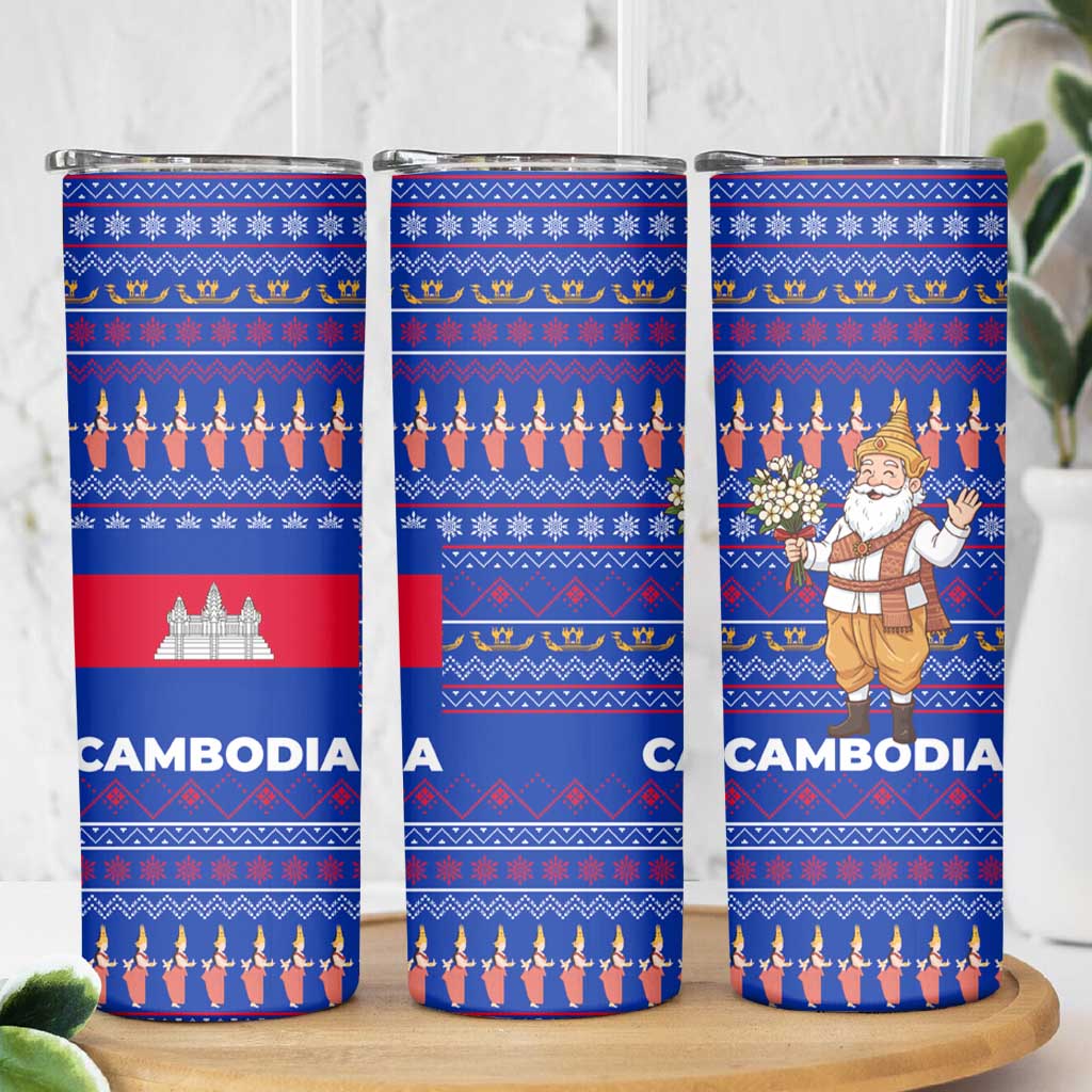 Cambodia Christmas Skinny Tumbler with Santa in Traditional Outfit Elephant Dancers and Snowflake Pattern - Wonder Print Shop