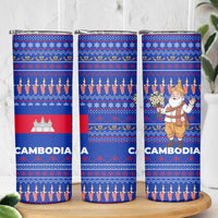 Cambodia Christmas Skinny Tumbler with Santa in Traditional Outfit Elephant Dancers and Snowflake Pattern - Wonder Print Shop