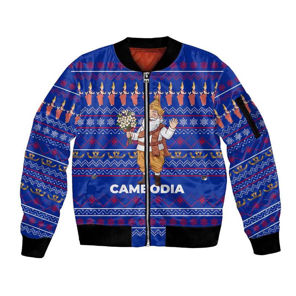 Cambodia Christmas Sleeve Zip Bomber Jacket with Santa in Traditional Outfit Elephant Dancers and Snowflake Pattern - Wonder Print Shop
