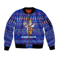 Cambodia Christmas Sleeve Zip Bomber Jacket with Santa in Traditional Outfit Elephant Dancers and Snowflake Pattern - Wonder Print Shop