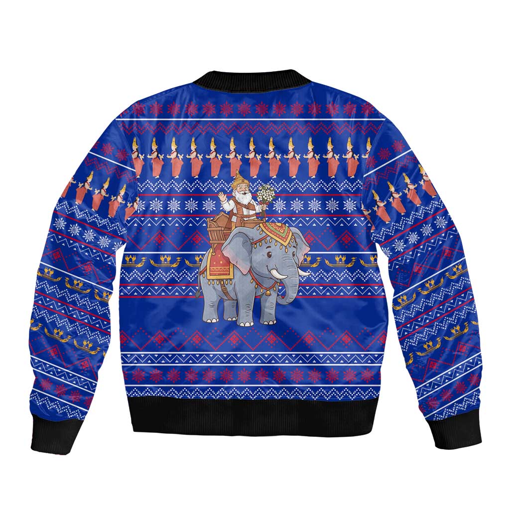 Cambodia Christmas Sleeve Zip Bomber Jacket with Santa in Traditional Outfit Elephant Dancers and Snowflake Pattern - Wonder Print Shop