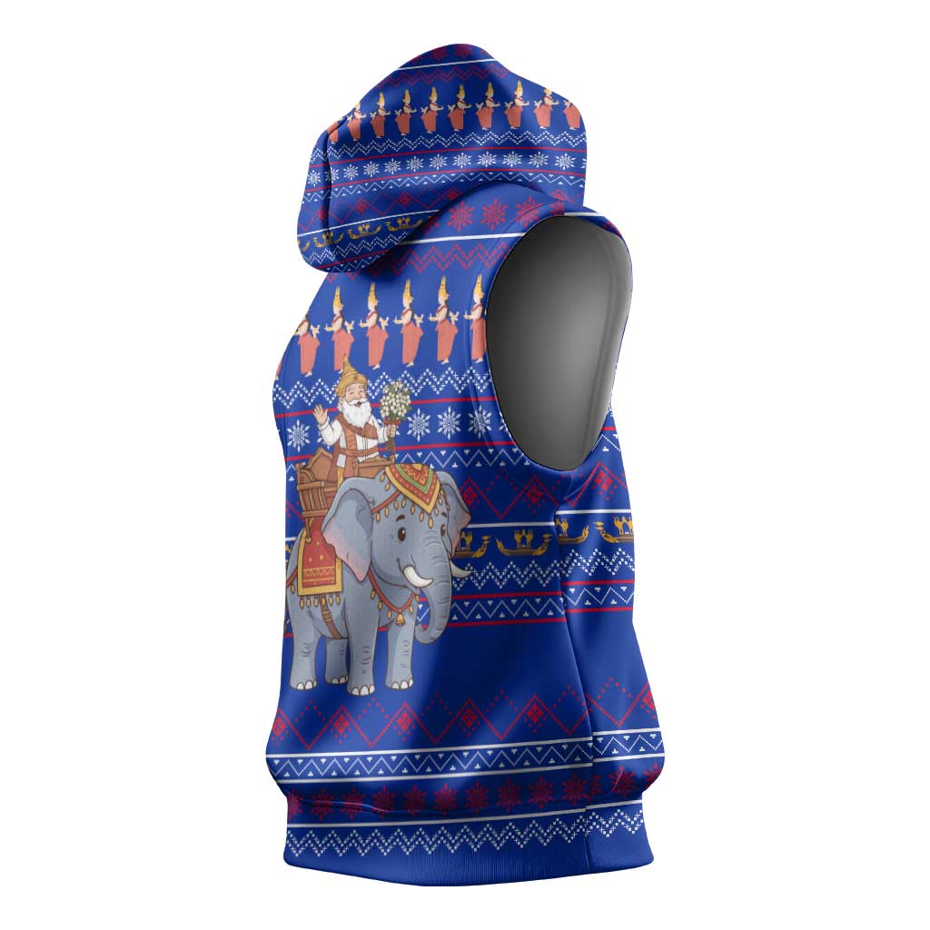 Cambodia Christmas Sleeveless Hoodie with Santa in Traditional Outfit Elephant Dancers and Snowflake Pattern - Wonder Print Shop