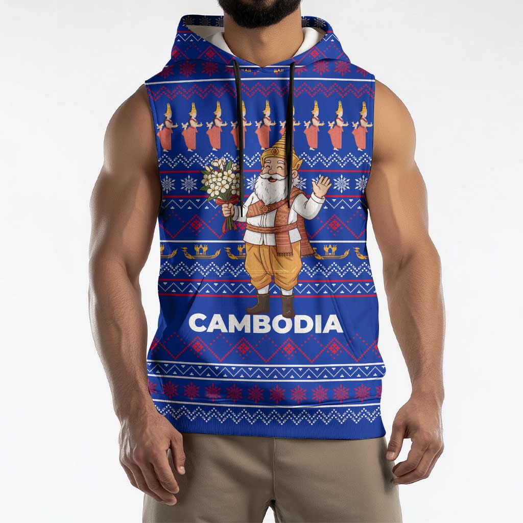 Cambodia Christmas Sleeveless Hoodie with Santa in Traditional Outfit Elephant Dancers and Snowflake Pattern - Wonder Print Shop