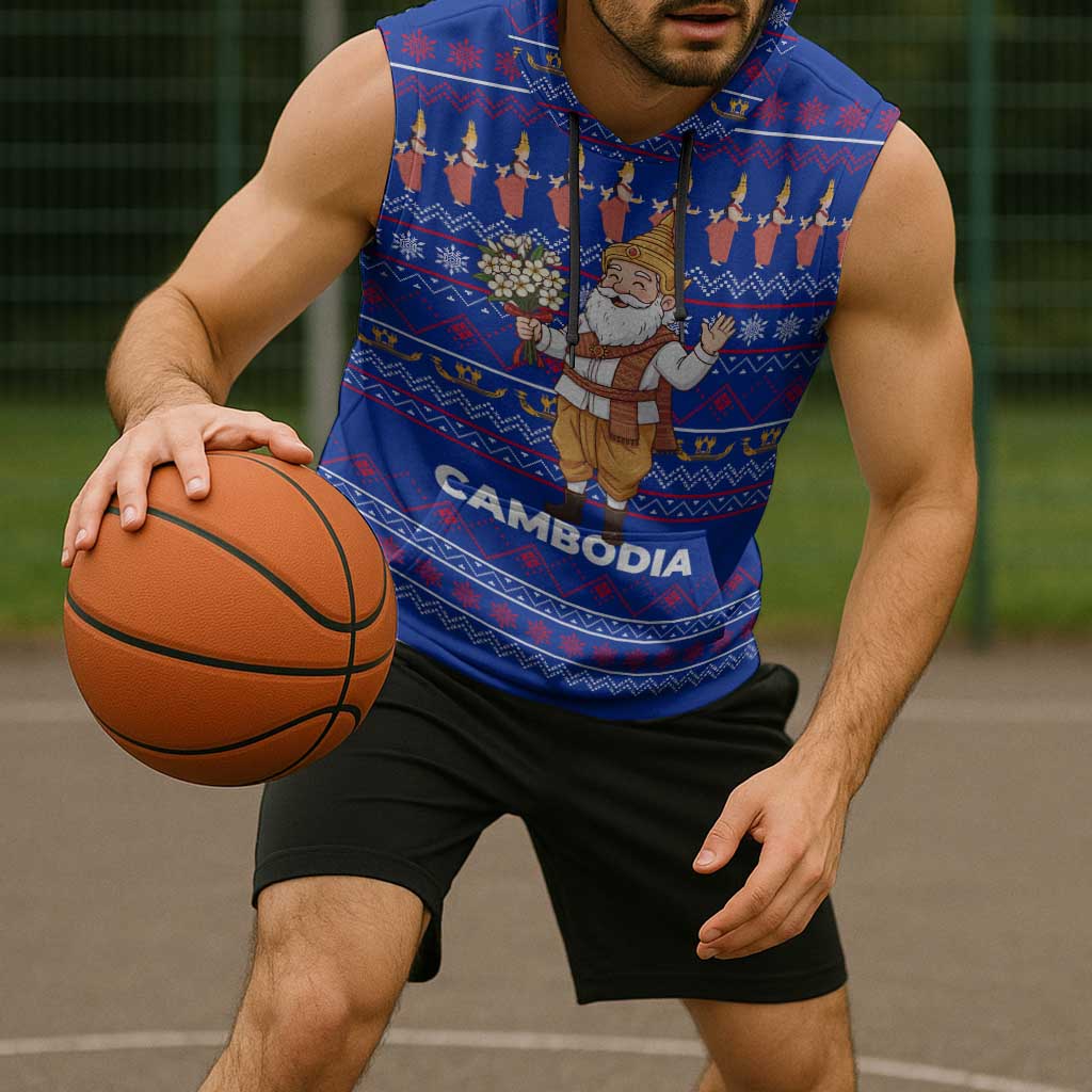 Cambodia Christmas Sleeveless Hoodie with Santa in Traditional Outfit Elephant Dancers and Snowflake Pattern - Wonder Print Shop