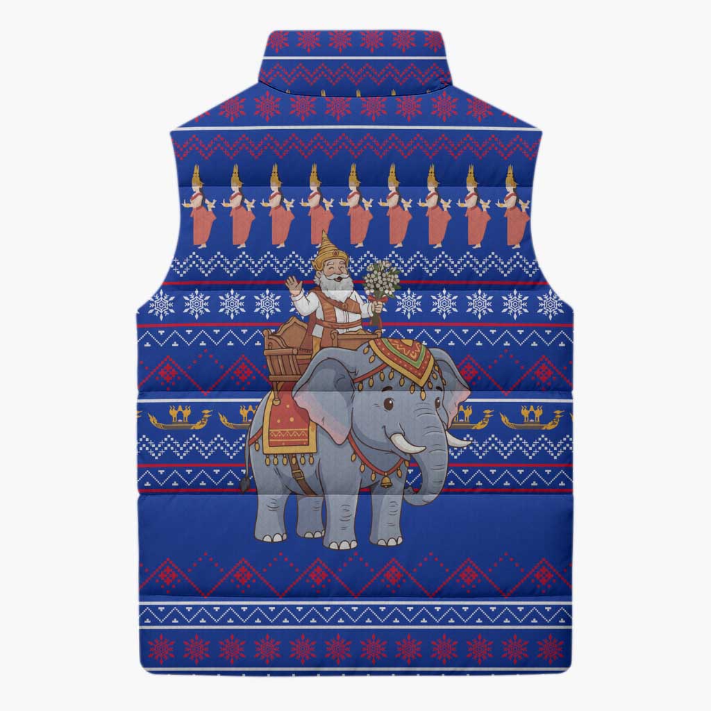 Cambodia Christmas Sleeveless Puffer Jacket with Santa in Traditional Outfit Elephant Dancers and Snowflake Pattern - Wonder Print Shop