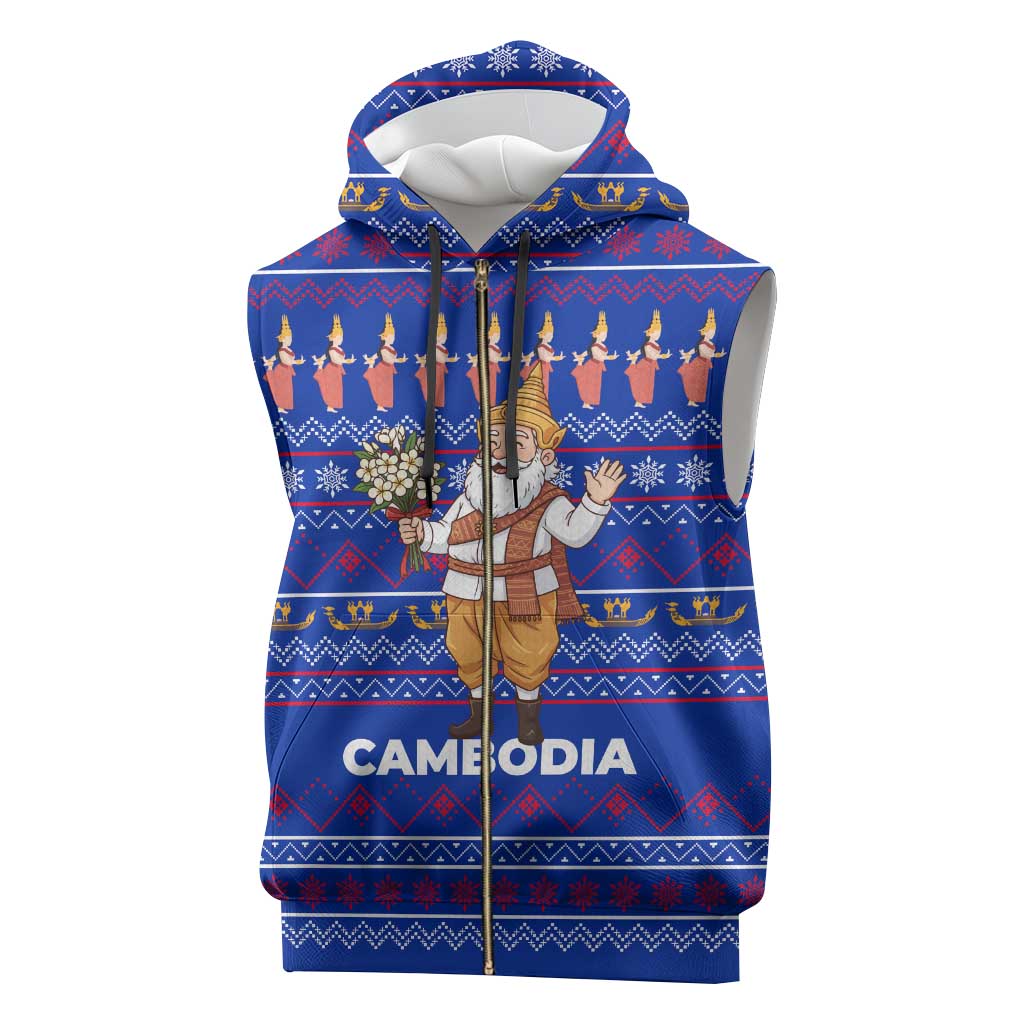 Cambodia Christmas Sleeveless Zip Hoodie with Santa in Traditional Outfit Elephant Dancers and Snowflake Pattern - Wonder Print Shop