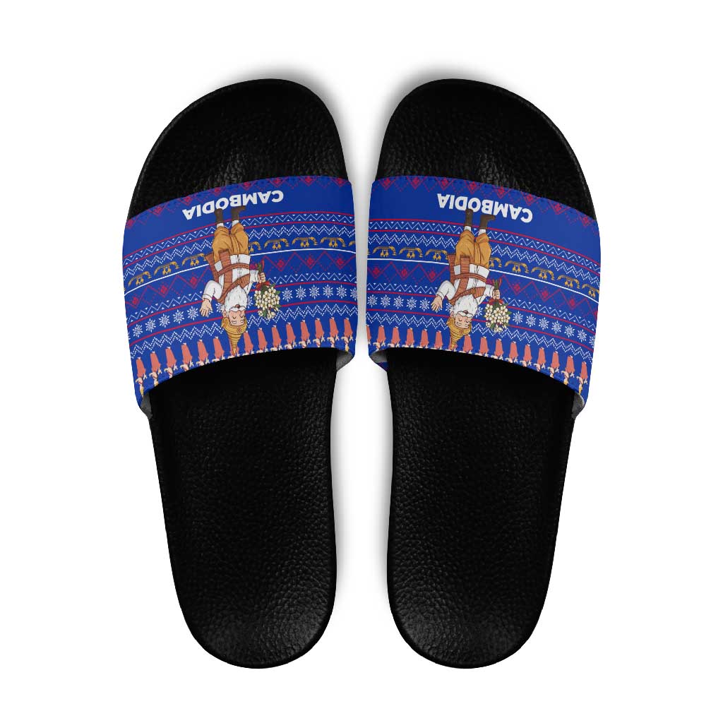 Cambodia Christmas Slide Sandals with Santa in Traditional Outfit Elephant Dancers and Snowflake Pattern - Wonder Print Shop