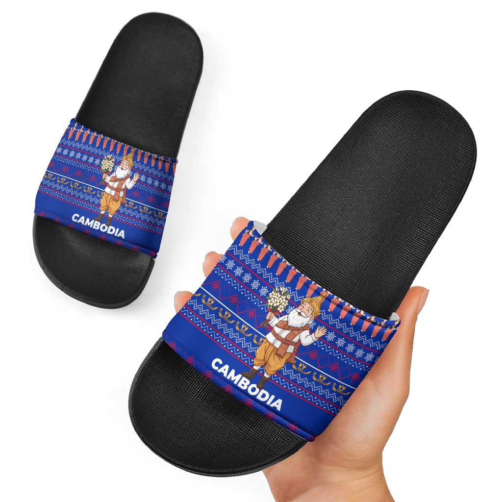 Cambodia Christmas Slide Sandals with Santa in Traditional Outfit Elephant Dancers and Snowflake Pattern - Wonder Print Shop