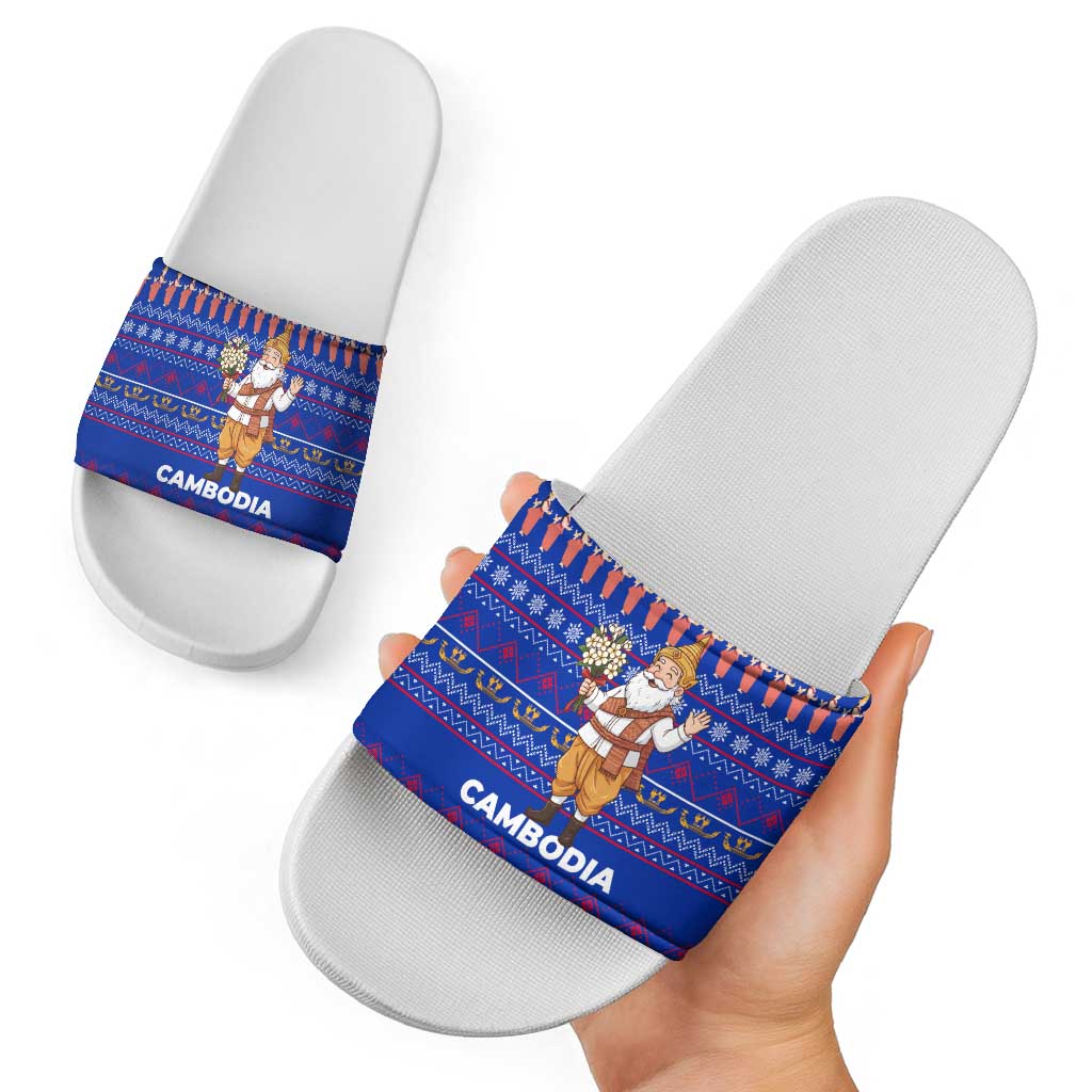 Cambodia Christmas Slide Sandals with Santa in Traditional Outfit Elephant Dancers and Snowflake Pattern - Wonder Print Shop