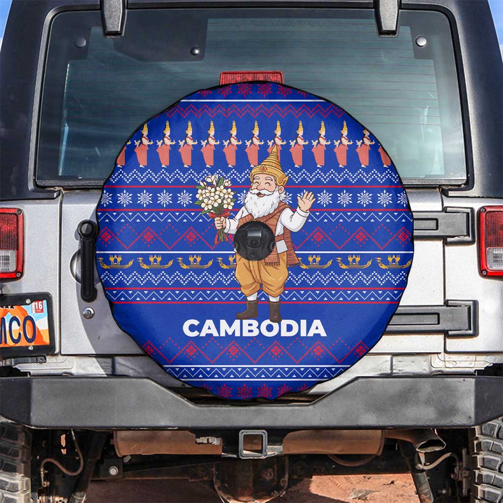 Cambodia Christmas Spare Tire Cover with Santa in Traditional Outfit Elephant Dancers and Snowflake Pattern - Wonder Print Shop