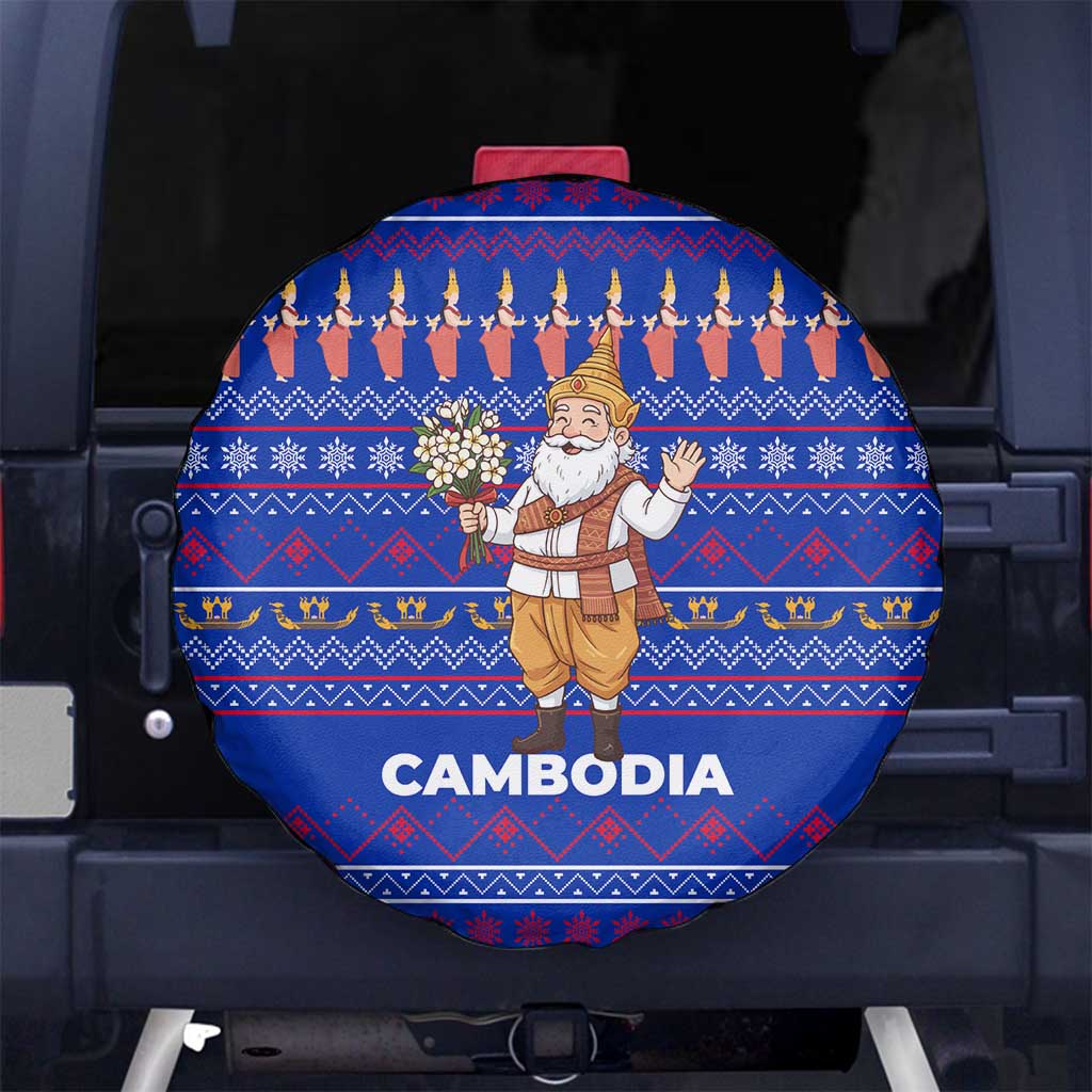 Cambodia Christmas Spare Tire Cover with Santa in Traditional Outfit Elephant Dancers and Snowflake Pattern - Wonder Print Shop