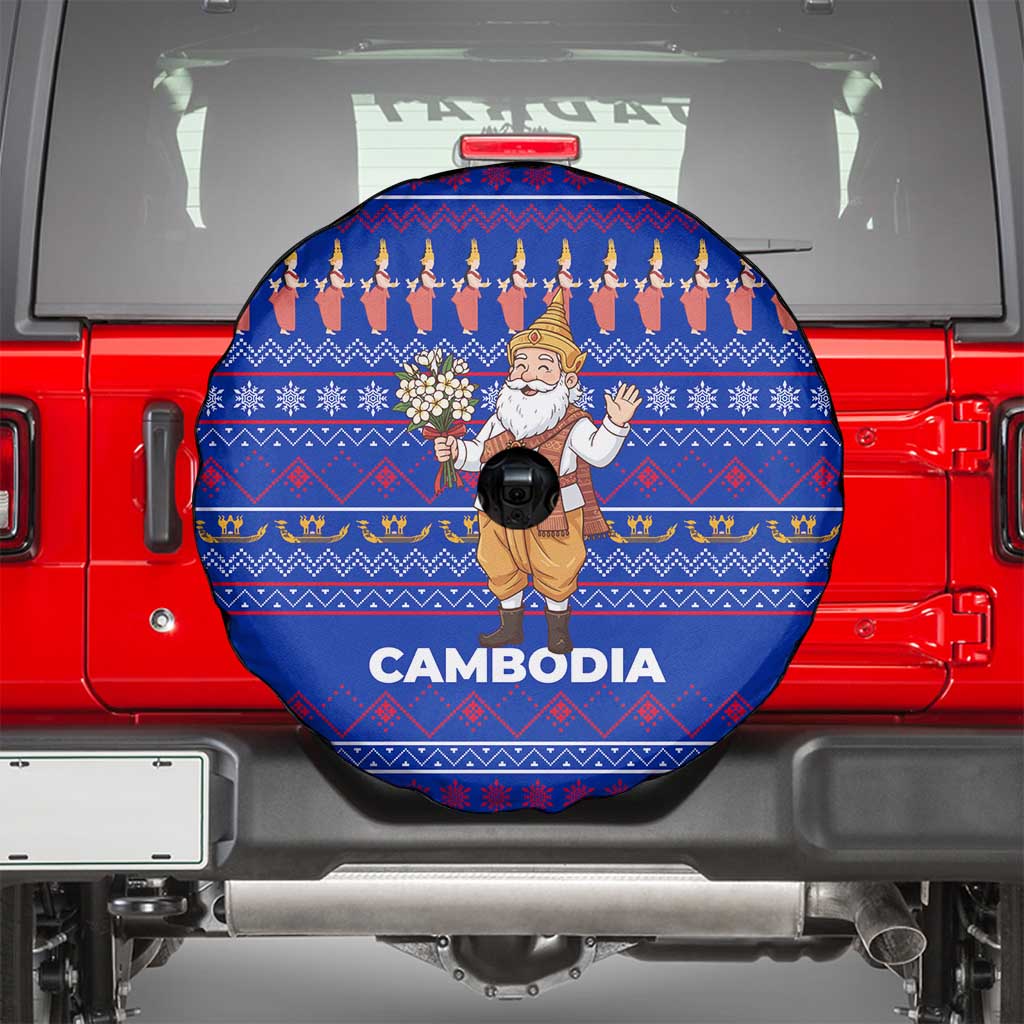 Cambodia Christmas Spare Tire Cover with Santa in Traditional Outfit Elephant Dancers and Snowflake Pattern - Wonder Print Shop