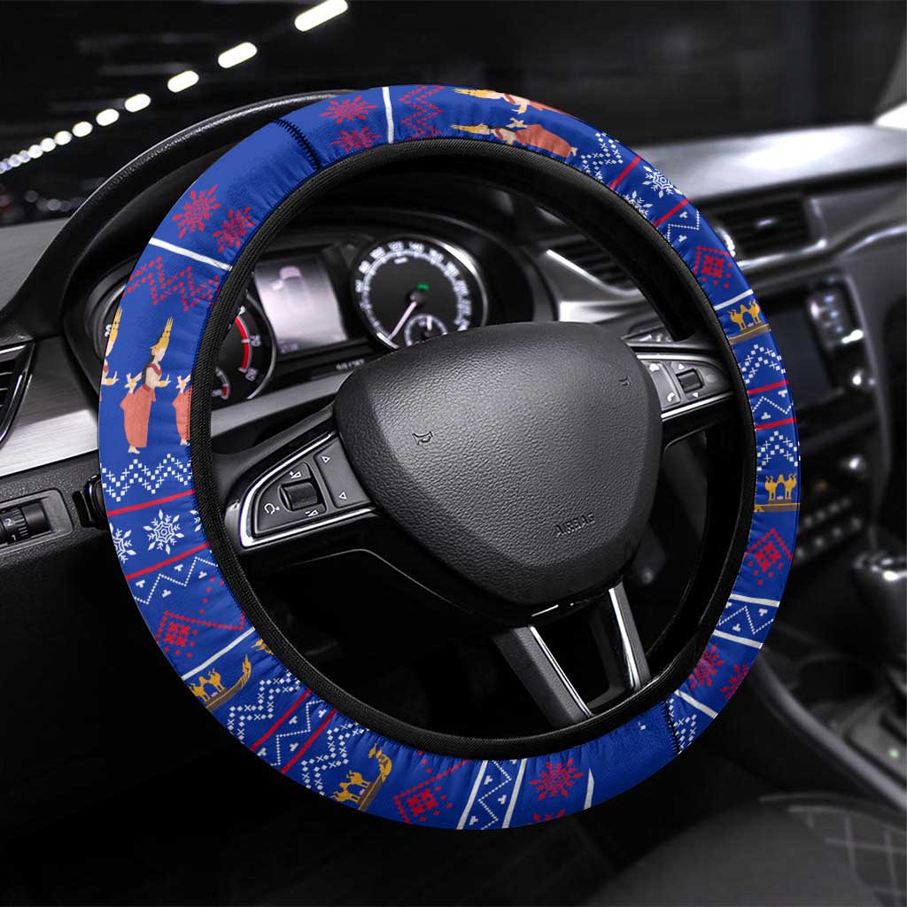Cambodia Christmas Steering Wheel Cover with Santa in Traditional Outfit Elephant Dancers and Snowflake Pattern - Wonder Print Shop