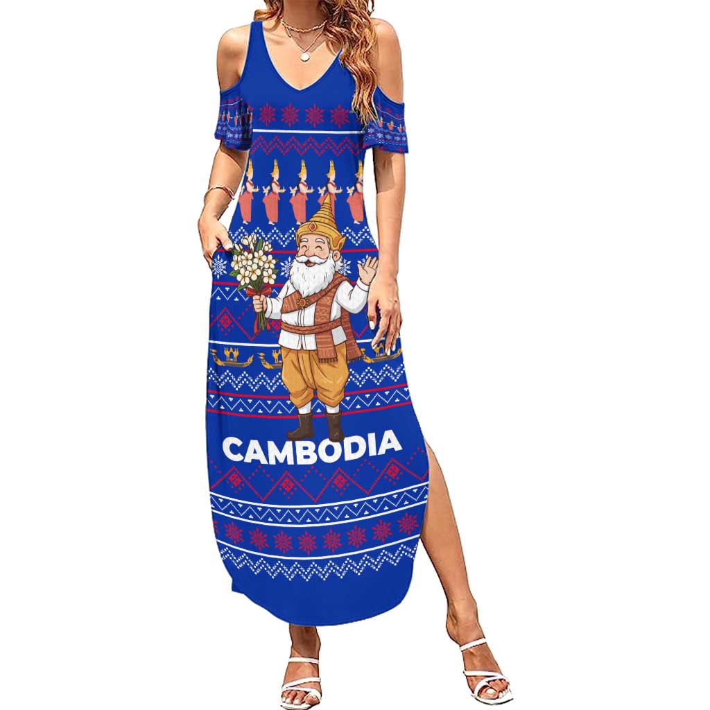 Cambodia Christmas Summer Maxi Dress with Santa in Traditional Outfit Elephant Dancers and Snowflake Pattern - Wonder Print Shop