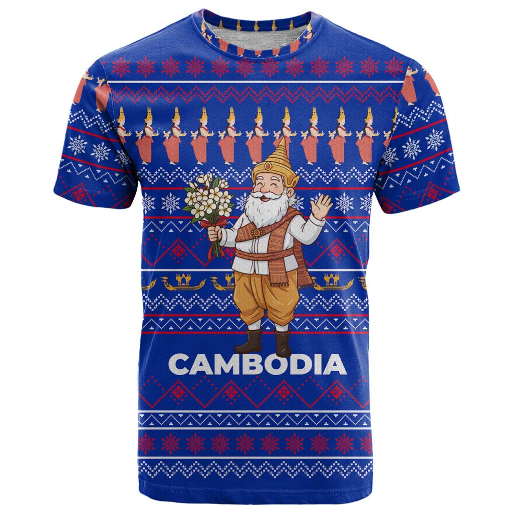 Cambodia Christmas T Shirt with Santa in Traditional Outfit Elephant Dancers and Snowflake Pattern - Wonder Print Shop