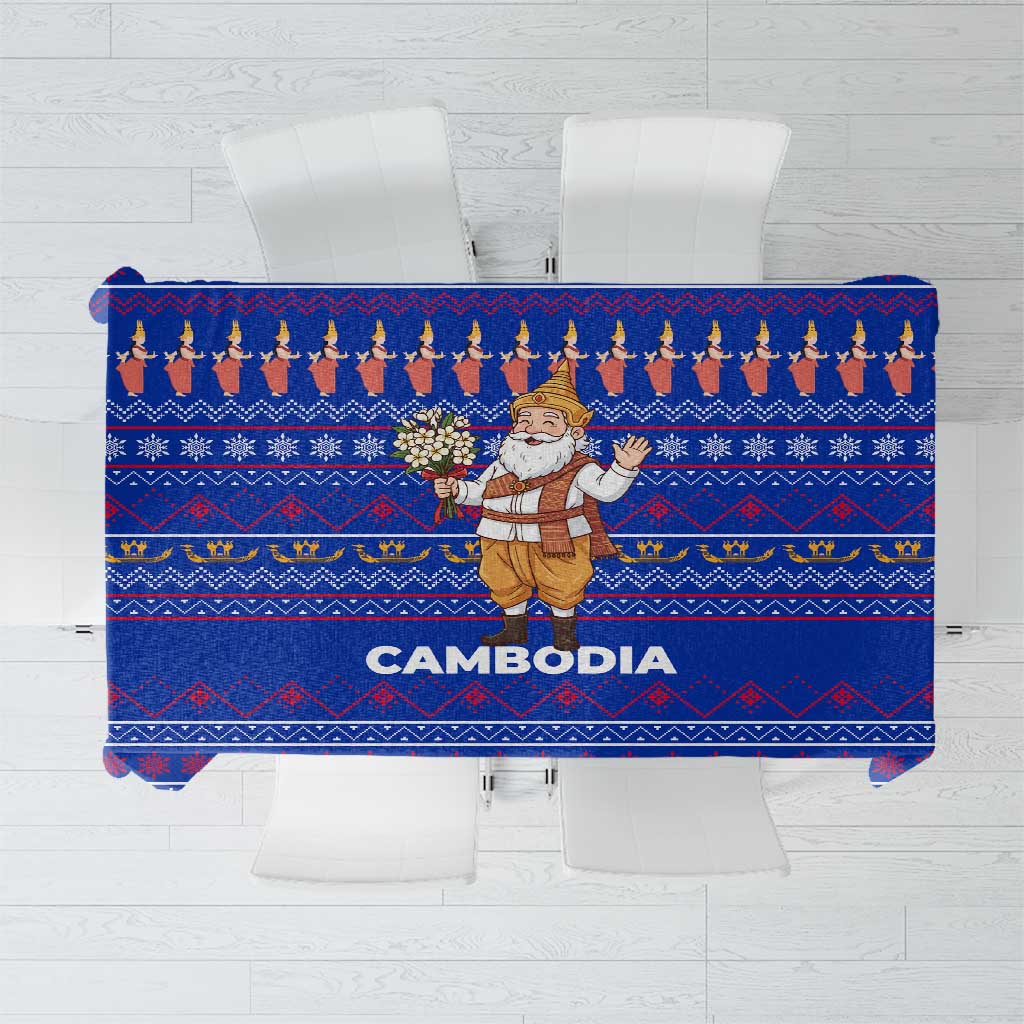 Cambodia Christmas Tablecloth with Santa in Traditional Outfit Elephant Dancers and Snowflake Pattern - Wonder Print Shop