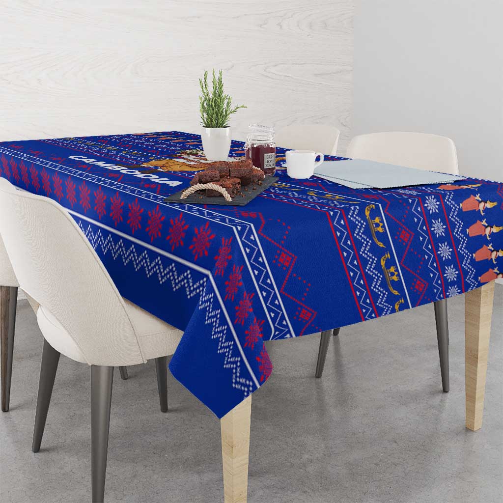 Cambodia Christmas Tablecloth with Santa in Traditional Outfit Elephant Dancers and Snowflake Pattern - Wonder Print Shop