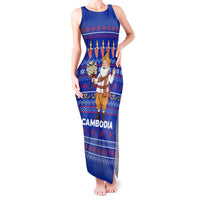 Cambodia Christmas Tank Maxi Dress with Santa in Traditional Outfit Elephant Dancers and Snowflake Pattern - Wonder Print Shop