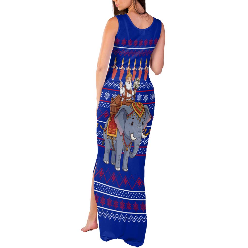 Cambodia Christmas Tank Maxi Dress with Santa in Traditional Outfit Elephant Dancers and Snowflake Pattern - Wonder Print Shop