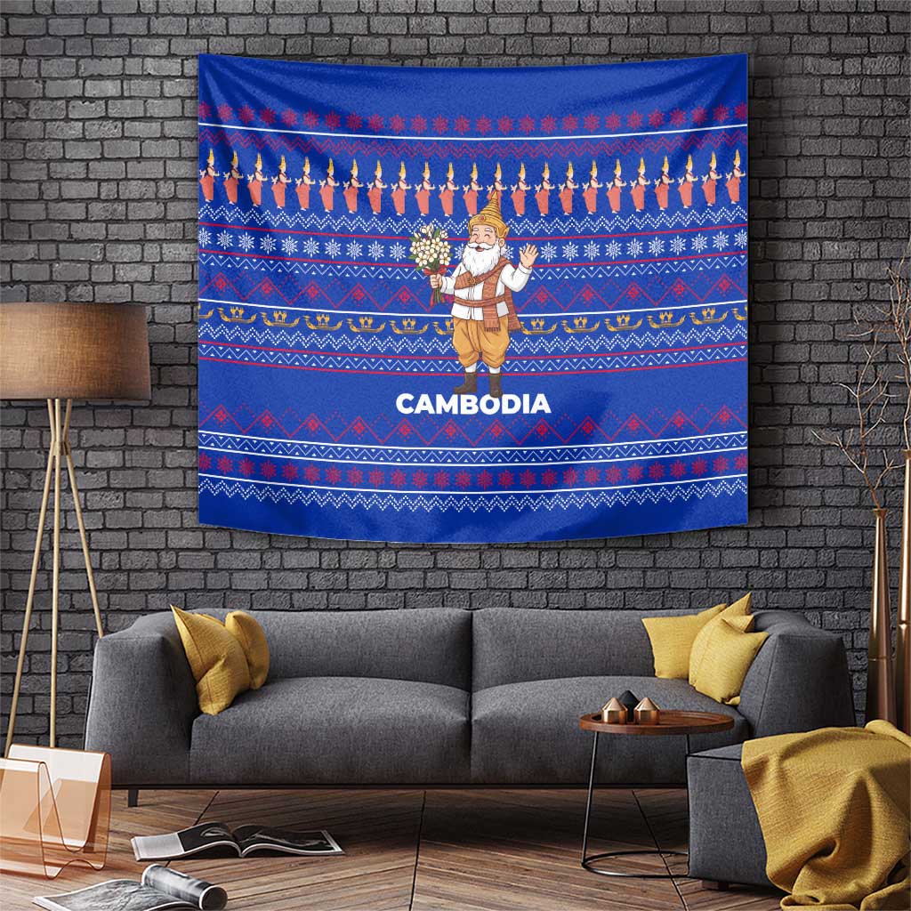 Cambodia Christmas Tapestry with Santa in Traditional Outfit Elephant Dancers and Snowflake Pattern - Wonder Print Shop