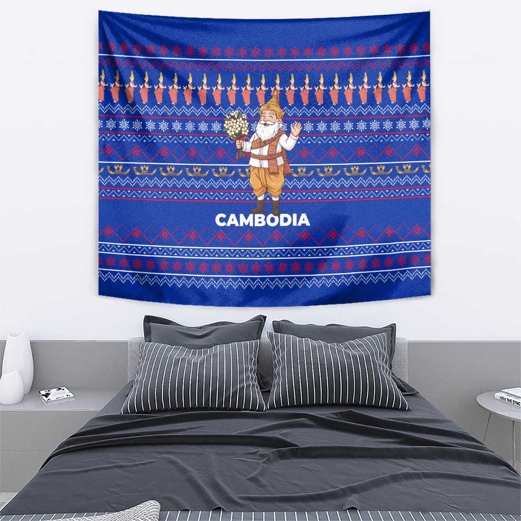 Cambodia Christmas Tapestry with Santa in Traditional Outfit Elephant Dancers and Snowflake Pattern - Wonder Print Shop