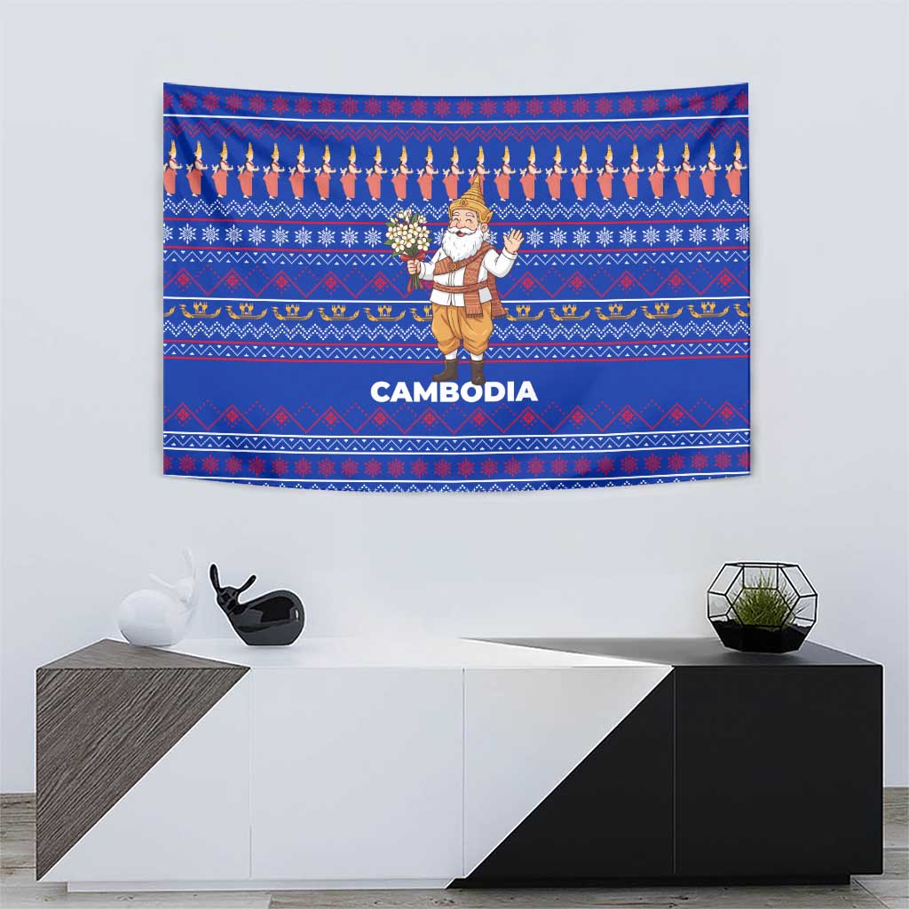 Cambodia Christmas Tapestry with Santa in Traditional Outfit Elephant Dancers and Snowflake Pattern - Wonder Print Shop
