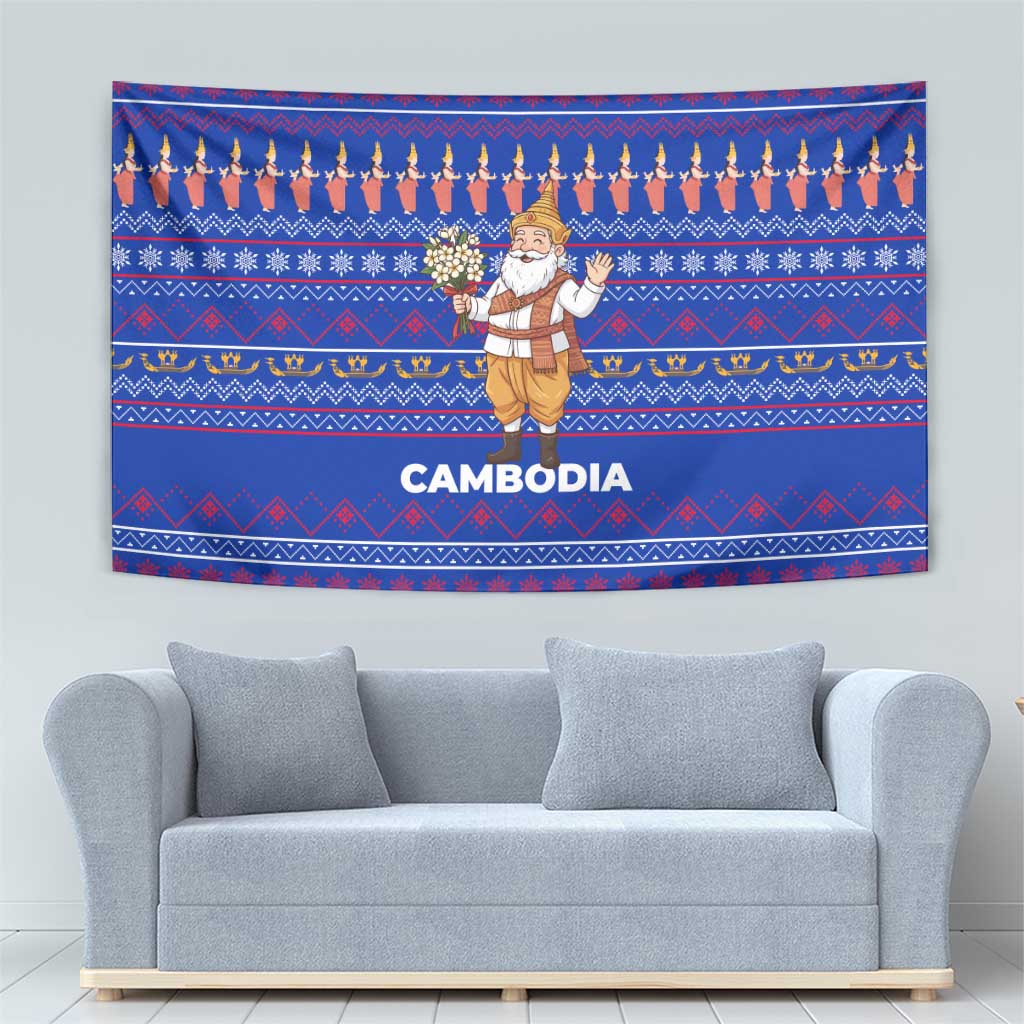 Cambodia Christmas Tapestry with Santa in Traditional Outfit Elephant Dancers and Snowflake Pattern - Wonder Print Shop
