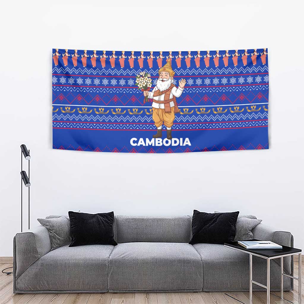 Cambodia Christmas Tapestry with Santa in Traditional Outfit Elephant Dancers and Snowflake Pattern - Wonder Print Shop