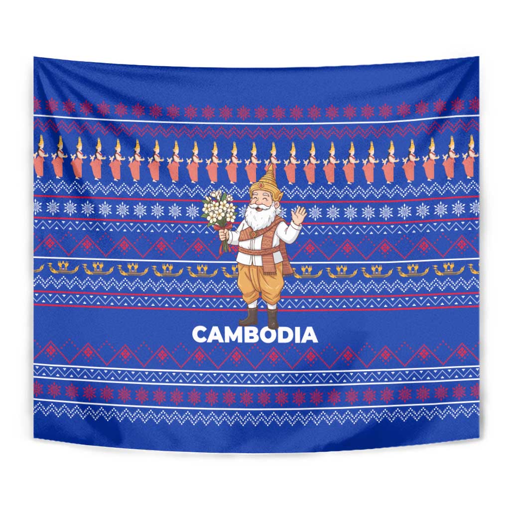 Cambodia Christmas Tapestry with Santa in Traditional Outfit Elephant Dancers and Snowflake Pattern - Wonder Print Shop