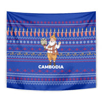 Cambodia Christmas Tapestry with Santa in Traditional Outfit Elephant Dancers and Snowflake Pattern - Wonder Print Shop