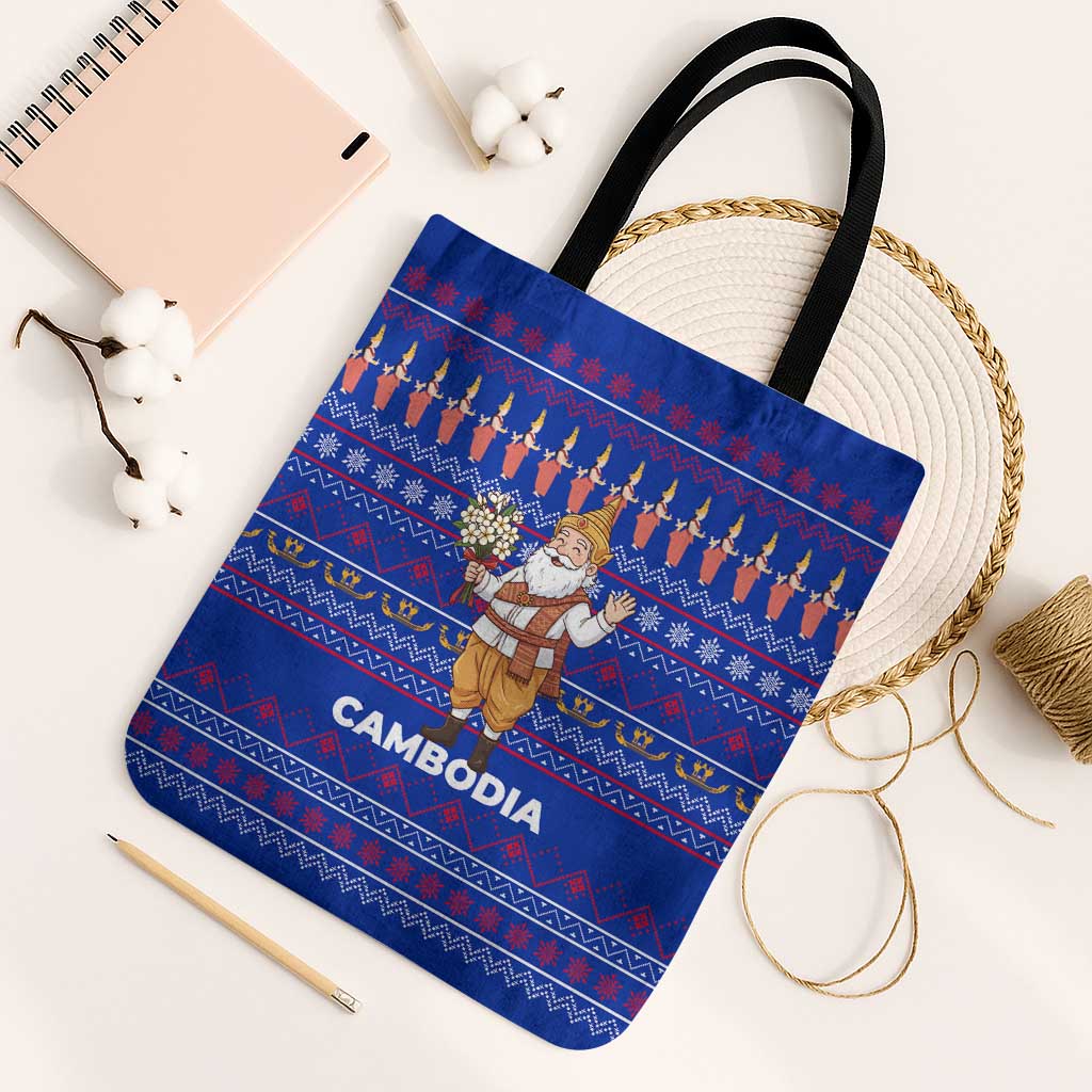 Cambodia Christmas Tote Bag with Santa in Traditional Outfit Elephant Dancers and Snowflake Pattern - Wonder Print Shop