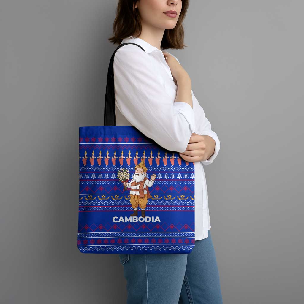 Cambodia Christmas Tote Bag with Santa in Traditional Outfit Elephant Dancers and Snowflake Pattern - Wonder Print Shop