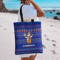 Cambodia Christmas Tote Bag with Santa in Traditional Outfit Elephant Dancers and Snowflake Pattern - Wonder Print Shop
