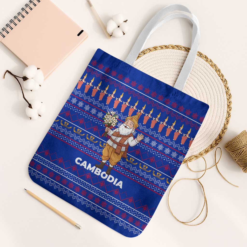 Cambodia Christmas Tote Bag with Santa in Traditional Outfit Elephant Dancers and Snowflake Pattern - Wonder Print Shop