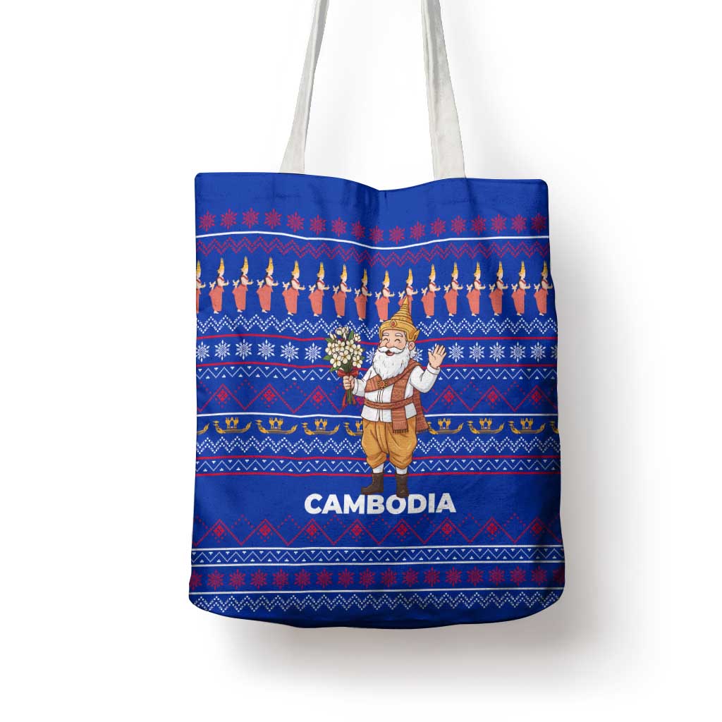 Cambodia Christmas Tote Bag with Santa in Traditional Outfit Elephant Dancers and Snowflake Pattern - Wonder Print Shop