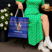 Cambodia Christmas Tote Bag with Santa in Traditional Outfit Elephant Dancers and Snowflake Pattern - Wonder Print Shop