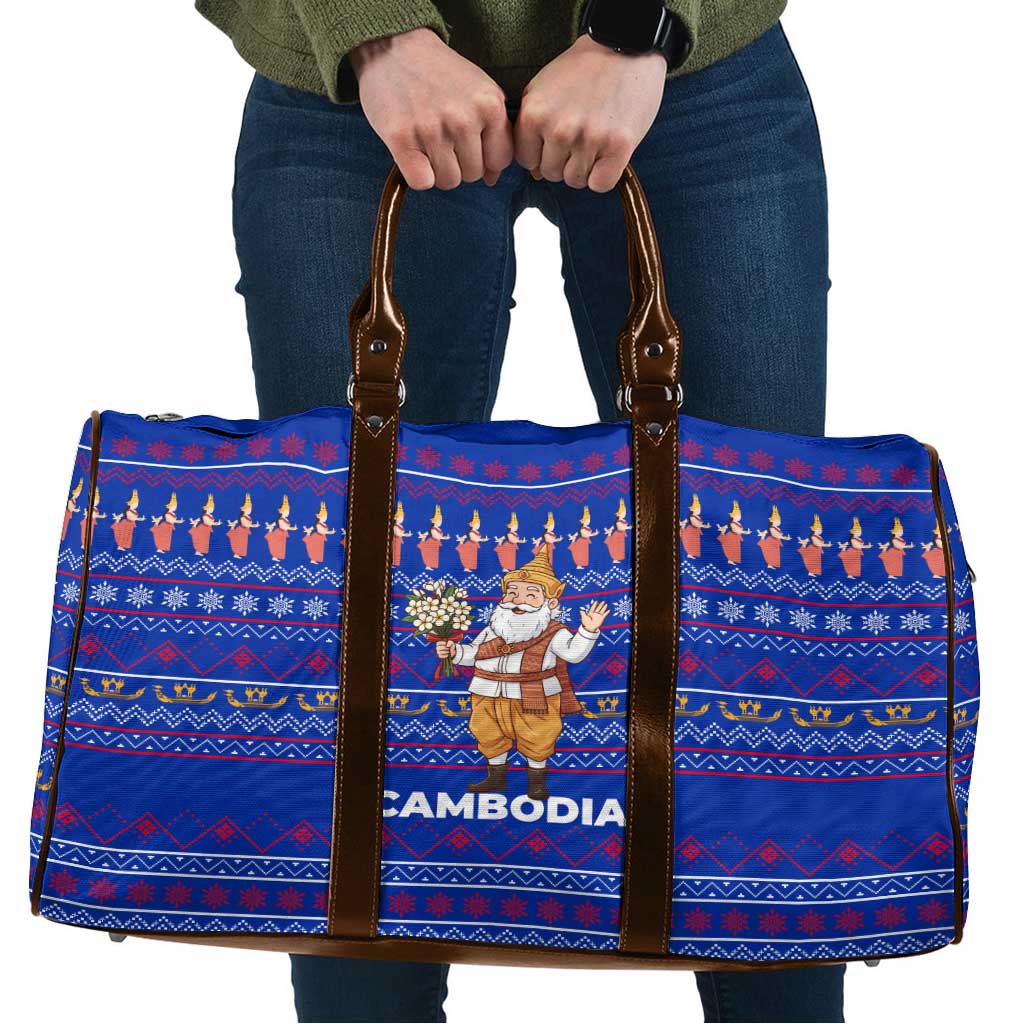 Cambodia Christmas Travel Bag with Santa in Traditional Outfit Elephant Dancers and Snowflake Pattern - Wonder Print Shop