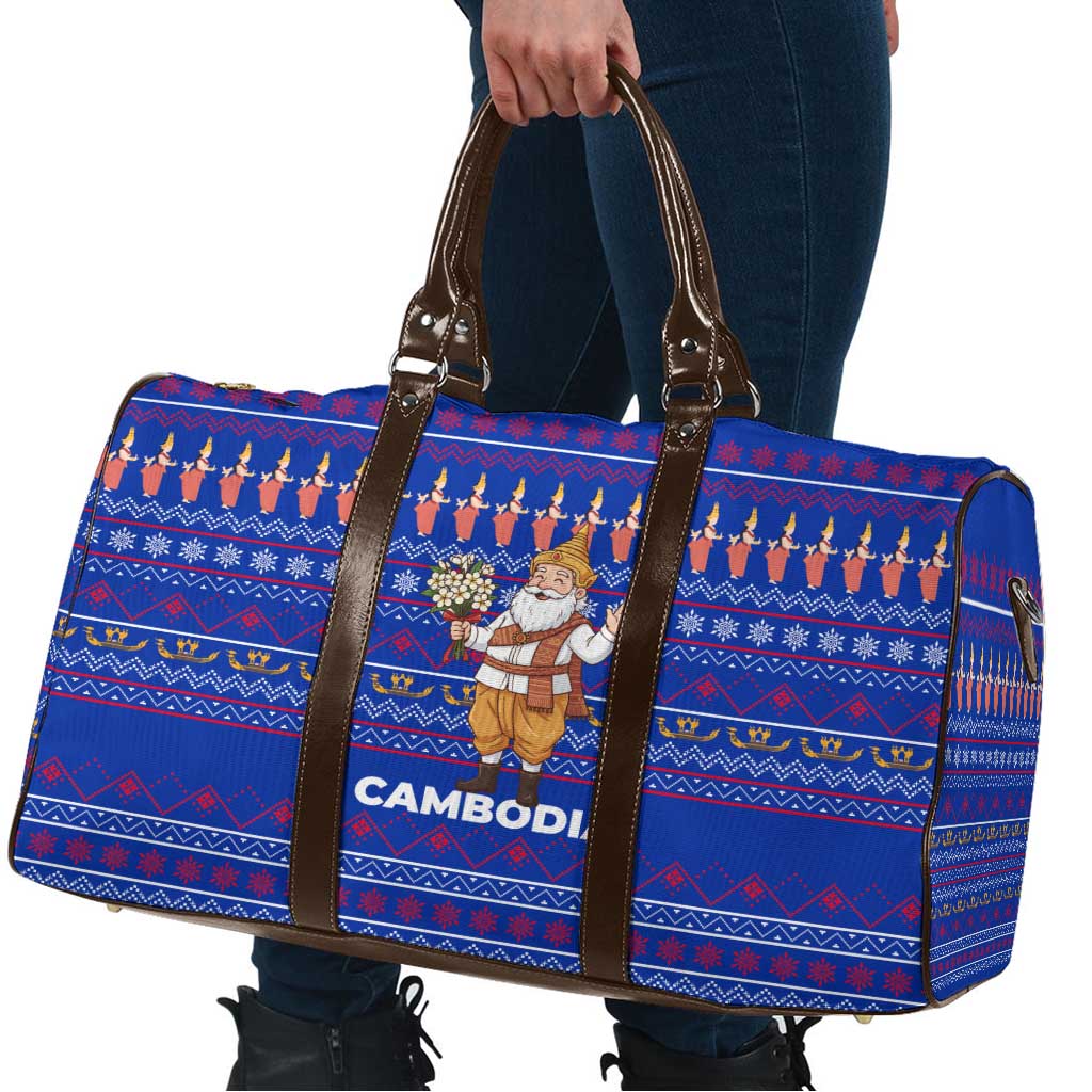 Cambodia Christmas Travel Bag with Santa in Traditional Outfit Elephant Dancers and Snowflake Pattern - Wonder Print Shop