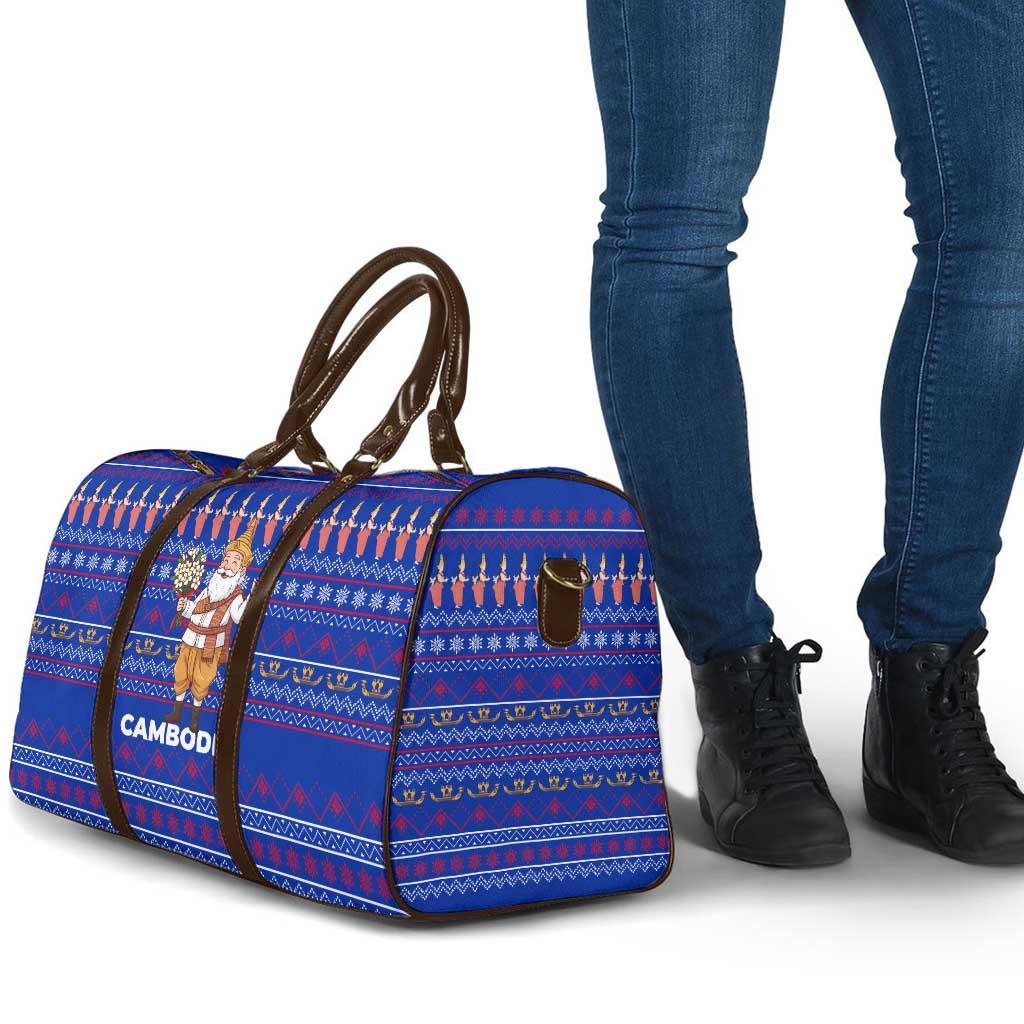 Cambodia Christmas Travel Bag with Santa in Traditional Outfit Elephant Dancers and Snowflake Pattern - Wonder Print Shop