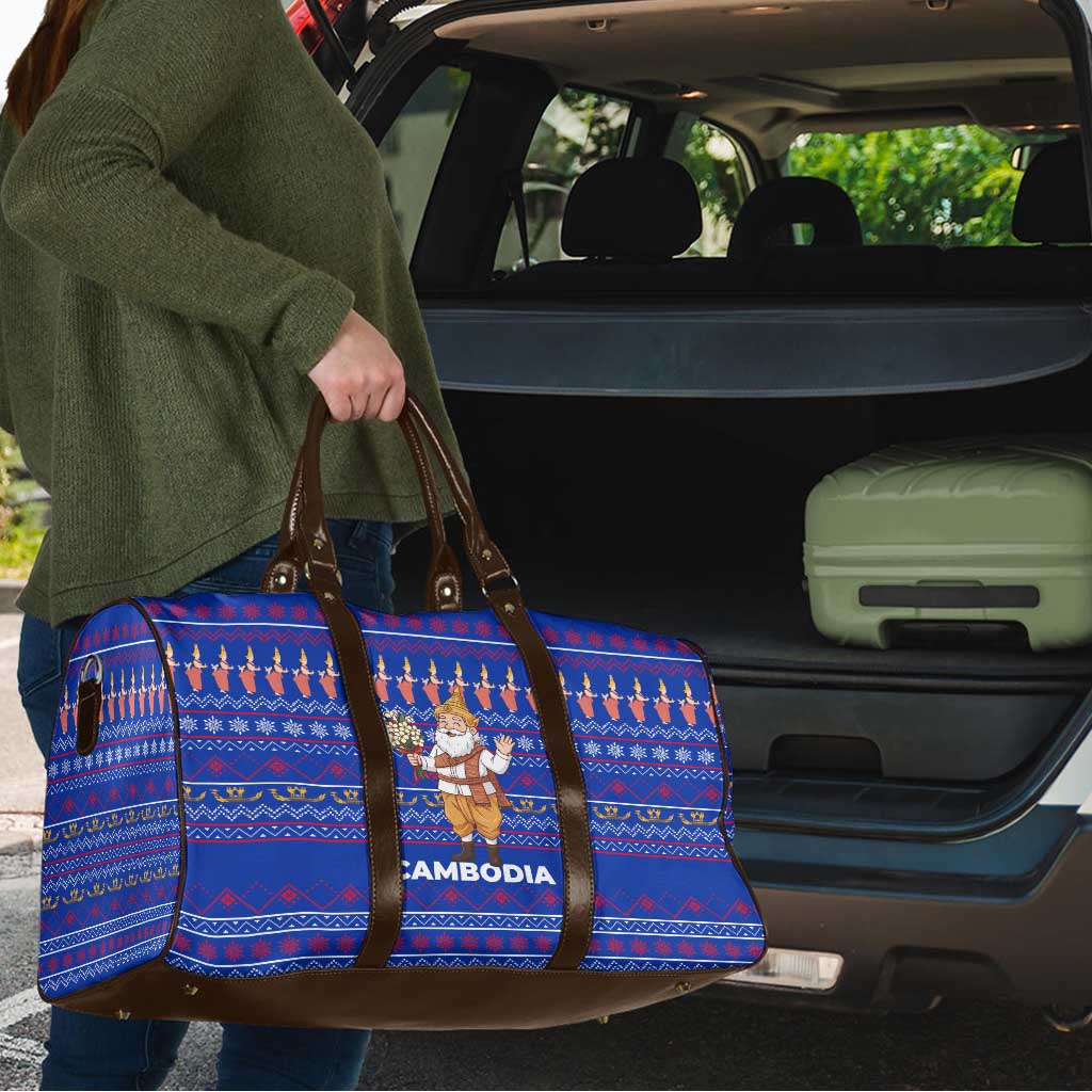 Cambodia Christmas Travel Bag with Santa in Traditional Outfit Elephant Dancers and Snowflake Pattern - Wonder Print Shop