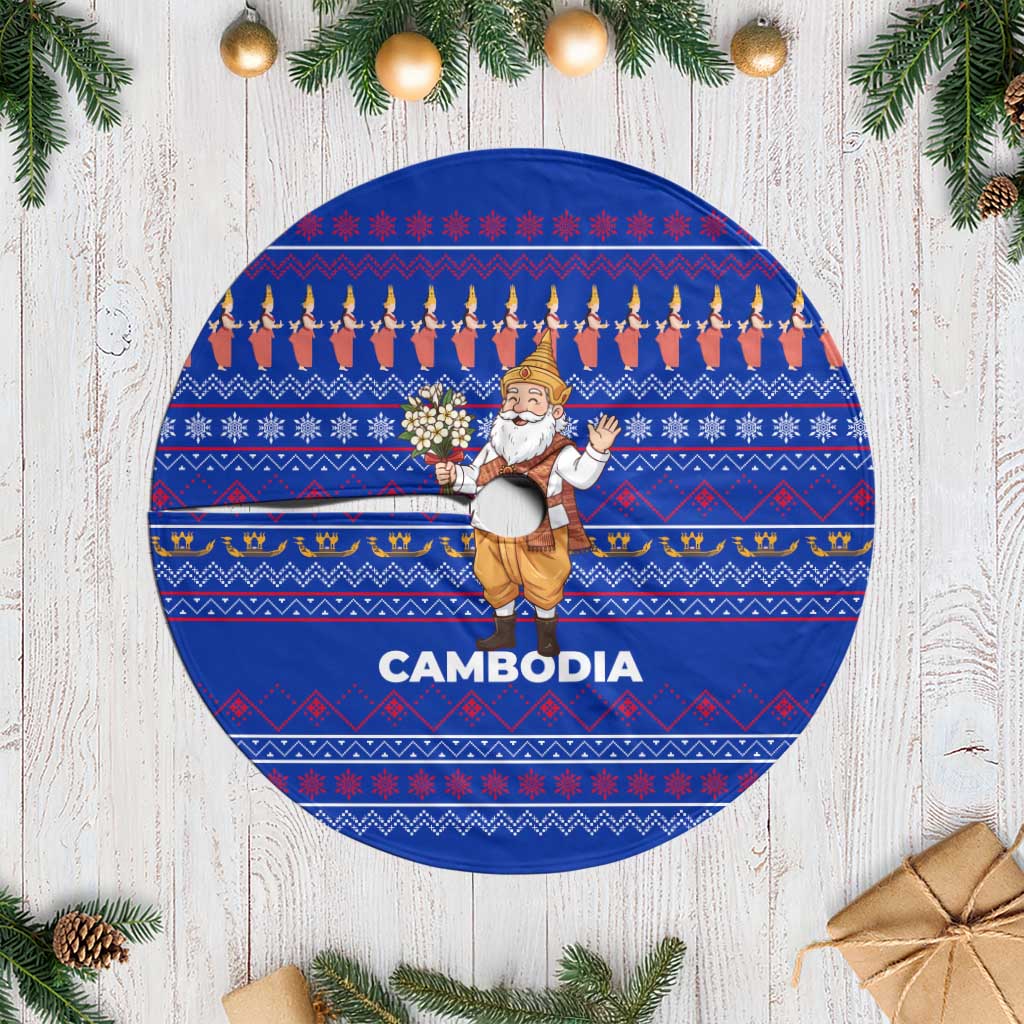 Cambodia Christmas Tree Skirt with Santa in Traditional Outfit Elephant Dancers and Snowflake Pattern - Wonder Print Shop