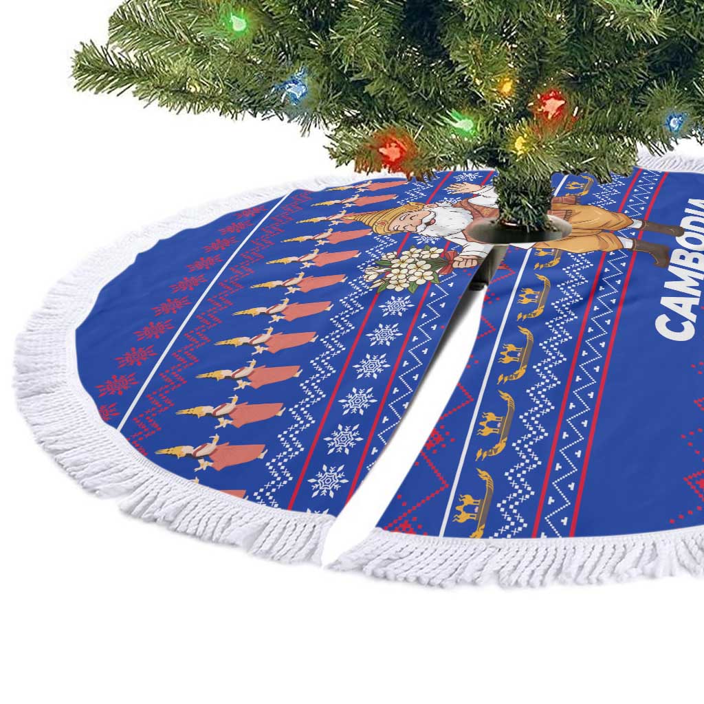 Cambodia Christmas Tree Skirt with Santa in Traditional Outfit Elephant Dancers and Snowflake Pattern - Wonder Print Shop
