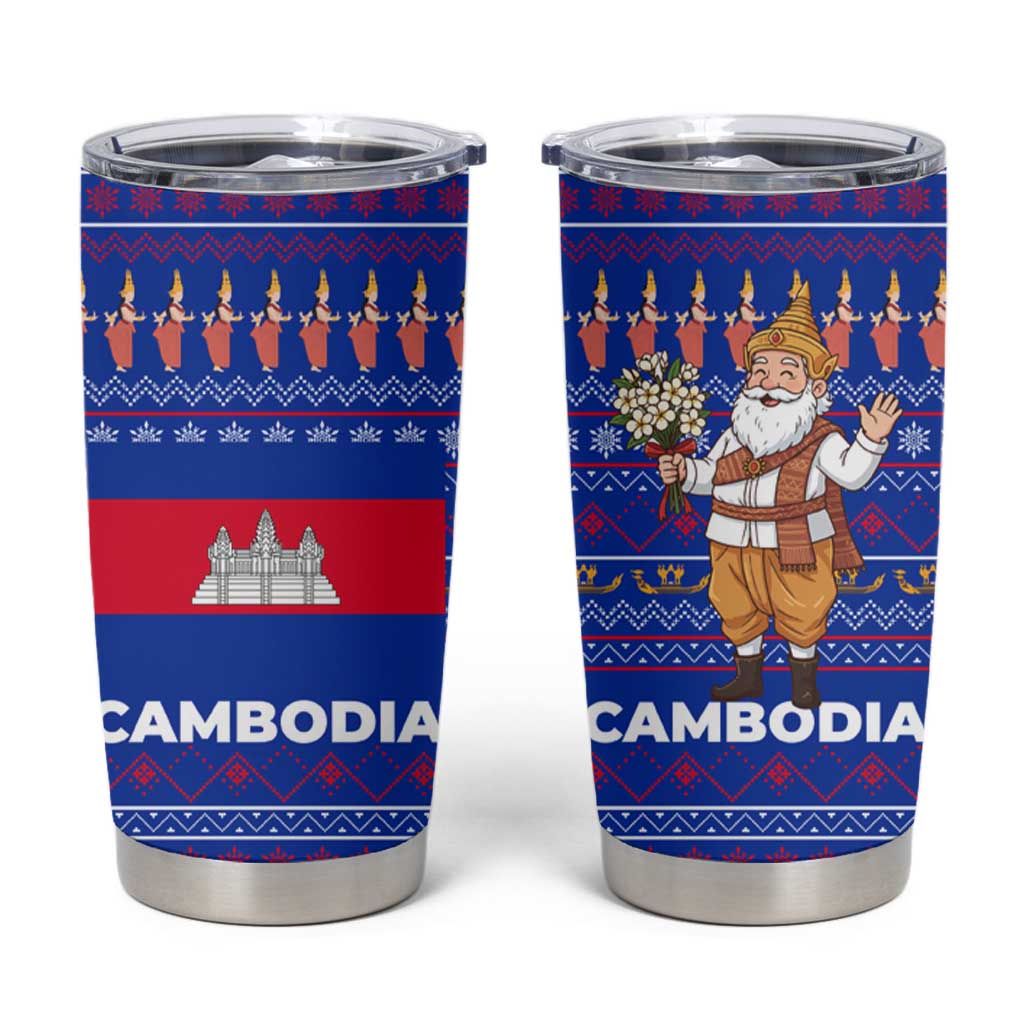Cambodia Christmas Tumbler Cup with Santa in Traditional Outfit Elephant Dancers and Snowflake Pattern - Wonder Print Shop