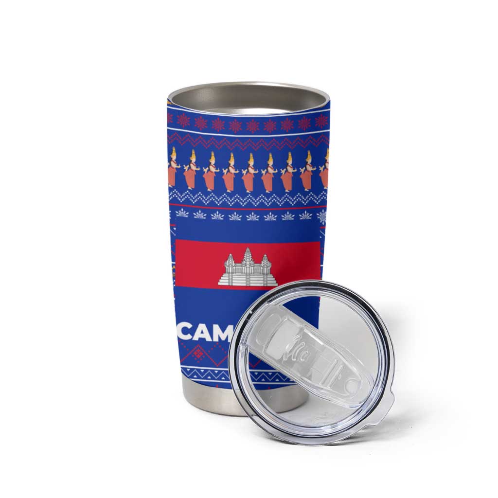 Cambodia Christmas Tumbler Cup with Santa in Traditional Outfit Elephant Dancers and Snowflake Pattern - Wonder Print Shop