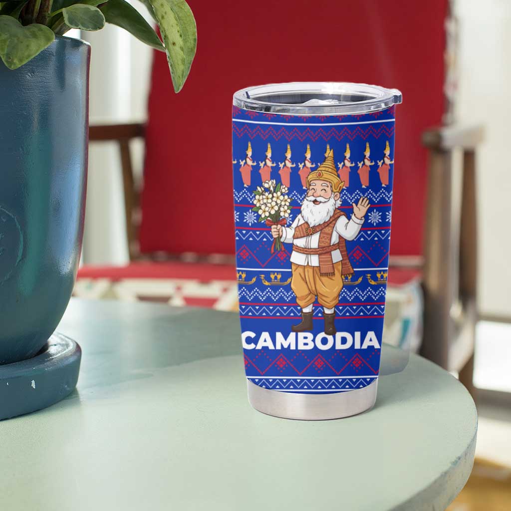 Cambodia Christmas Tumbler Cup with Santa in Traditional Outfit Elephant Dancers and Snowflake Pattern - Wonder Print Shop