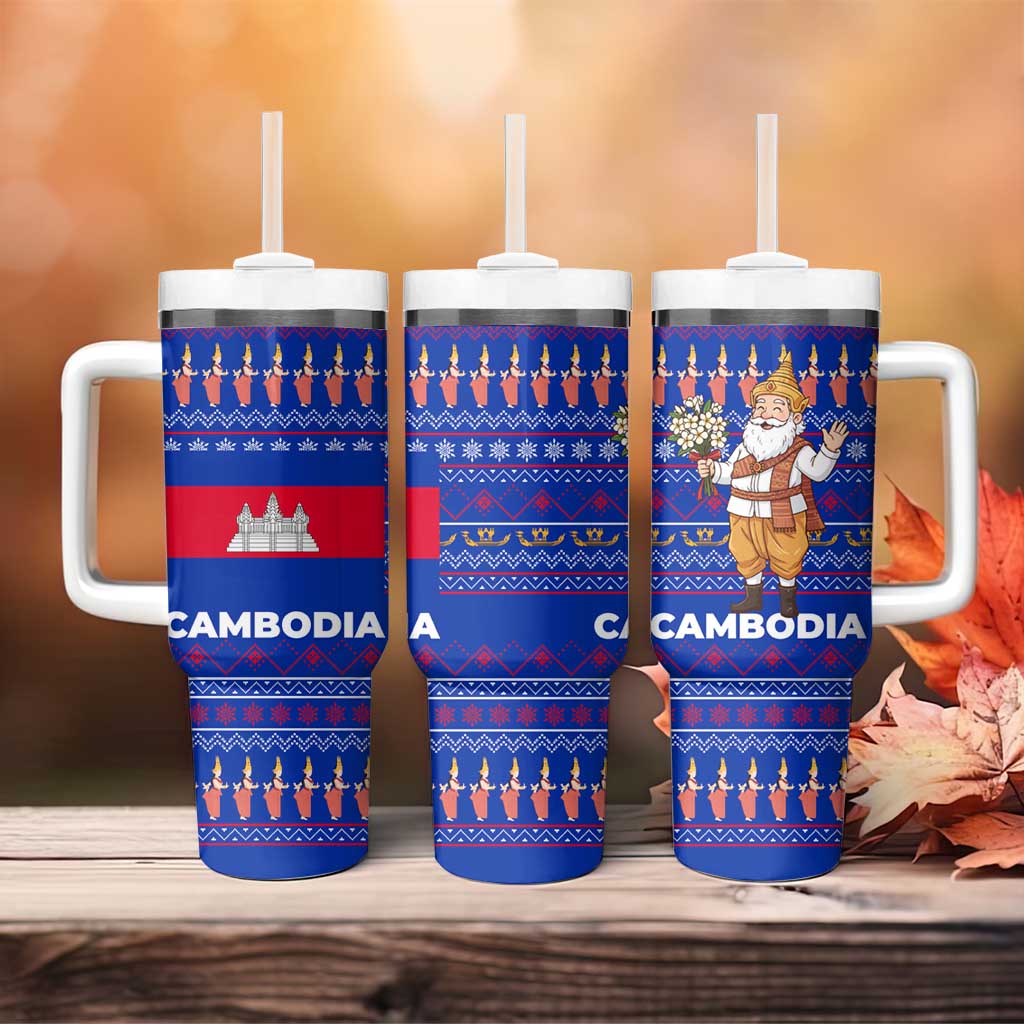 Cambodia Christmas Tumbler With Handle with Santa in Traditional Outfit Elephant Dancers and Snowflake Pattern - Wonder Print Shop