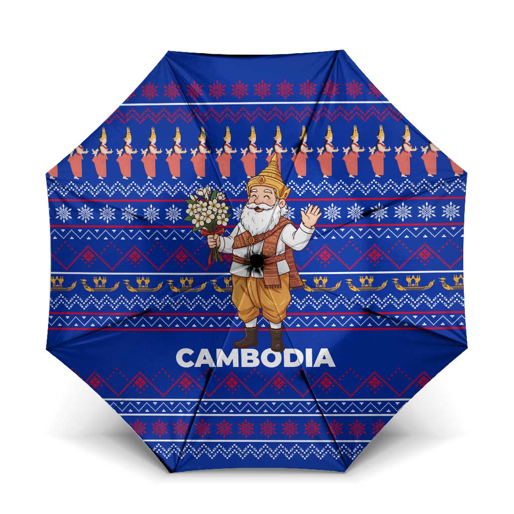 Cambodia Christmas Umbrella with Santa in Traditional Outfit Elephant Dancers and Snowflake Pattern - Wonder Print Shop