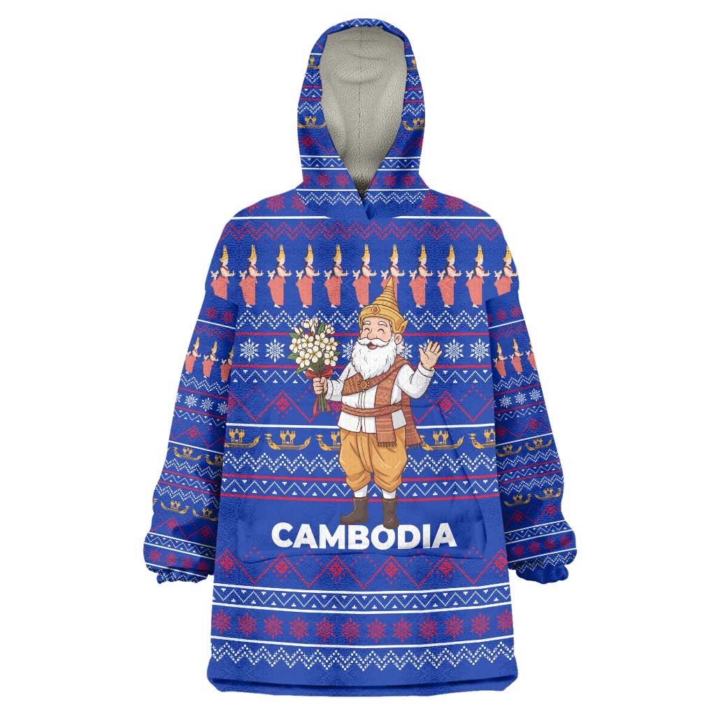 Cambodia Christmas Wearable Blanket Hoodie with Santa in Traditional Outfit Elephant Dancers and Snowflake Pattern - Wonder Print Shop
